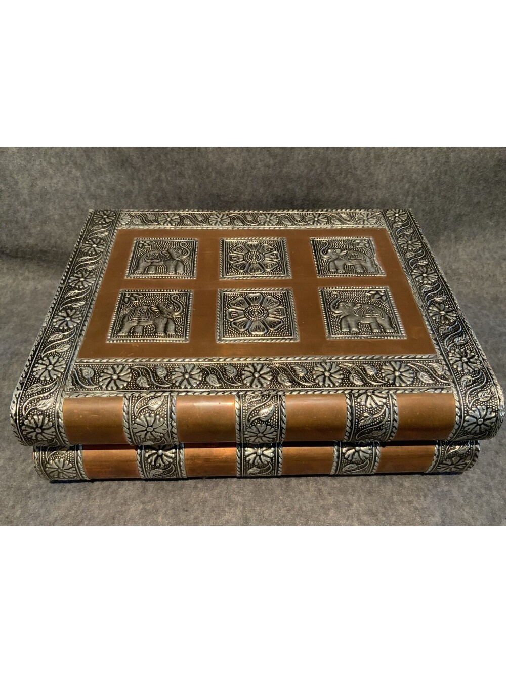 Vintage Metal Embossed with India Elephants Jewelry Box Book 10.75”L x 9.5”W